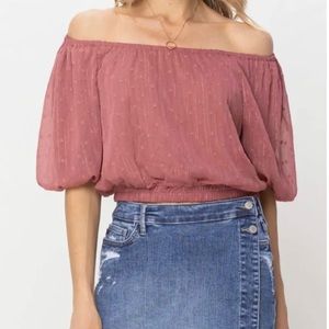 By The River rose cropped blouse. Size Large. Puff sleeves. Gold accents. (NWOT)